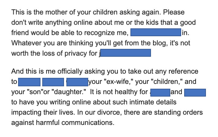 ex-wife says don't write about me or the kids, ever